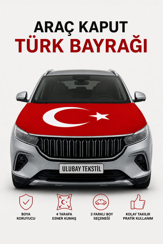Türk Bayraklı Araç Kaput Bayrağı - Lastikli Esnek Kumaş, Ayarlanabilir Ölçü