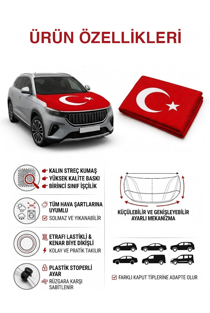 Türk Bayraklı Araç Kaput Bayrağı - Lastikli Esnek Kumaş, Ayarlanabilir Ölçü